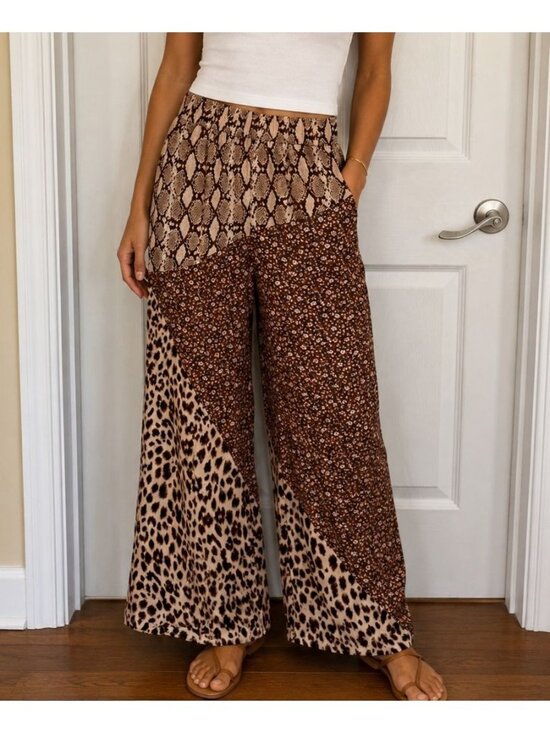 Oddi Pants - Oddi Patchwork Wide Leg Pants Snakeskin Floral Leopard Prints Pull On Stretchy W